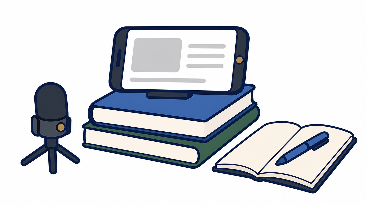 A smartphone propped on books beside a microphone and an open notebook.