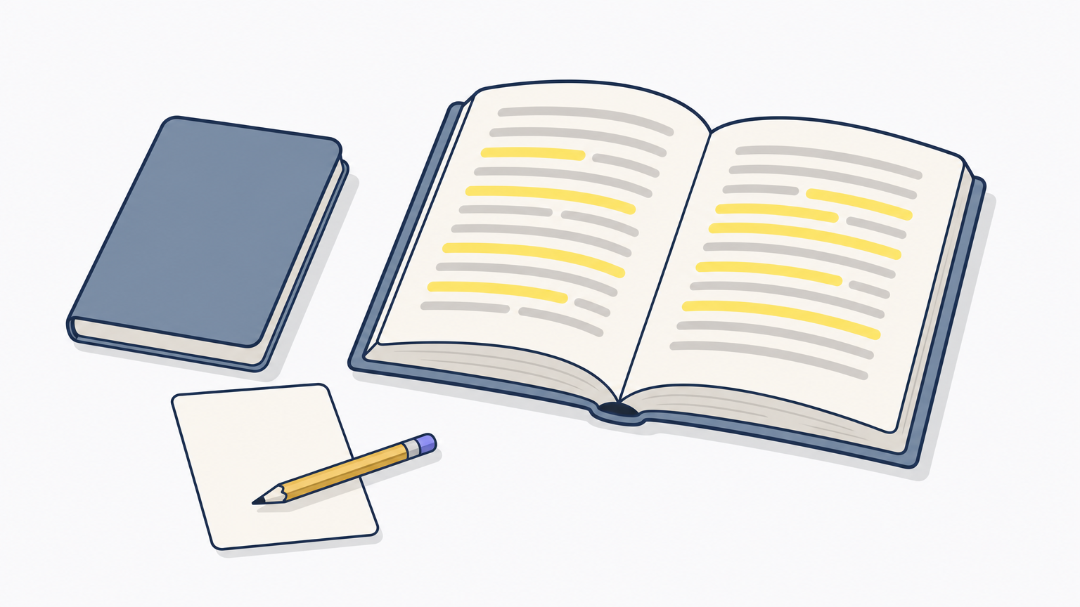 An open highlighted textbook page sits beside a closed notebook, a blank sheet, and a pencil.
