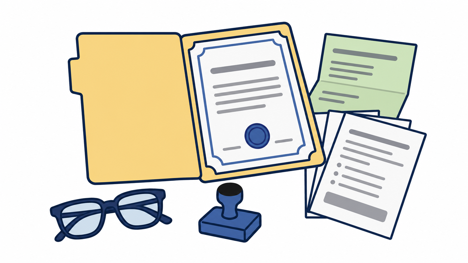 An open manila folder on a desk with fanned-out certificates, forms, a rubber seal, and reading glasses.