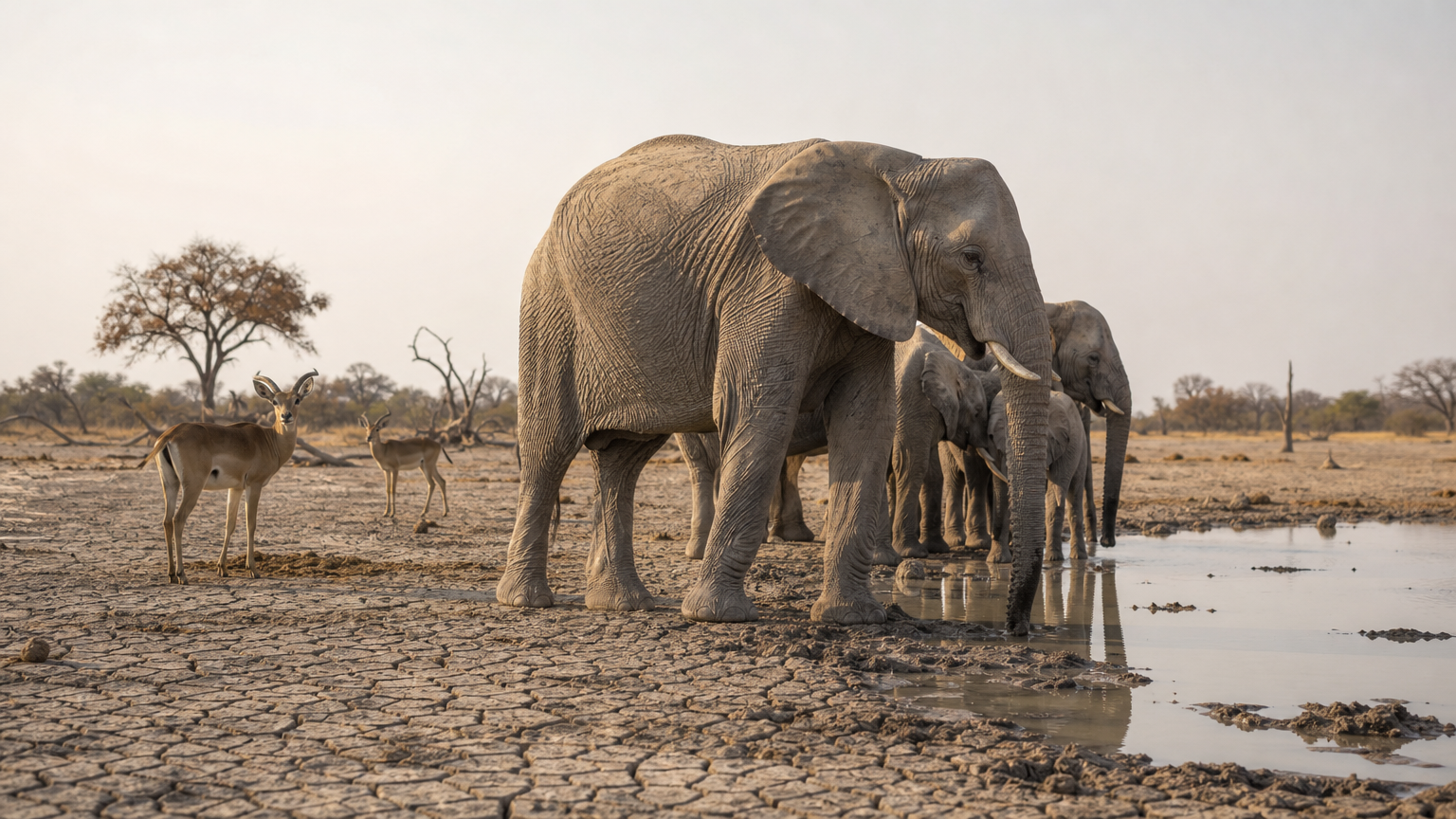 Elephants and antelope gather at a shrinking waterhole surrounded by cracked, dry ground.