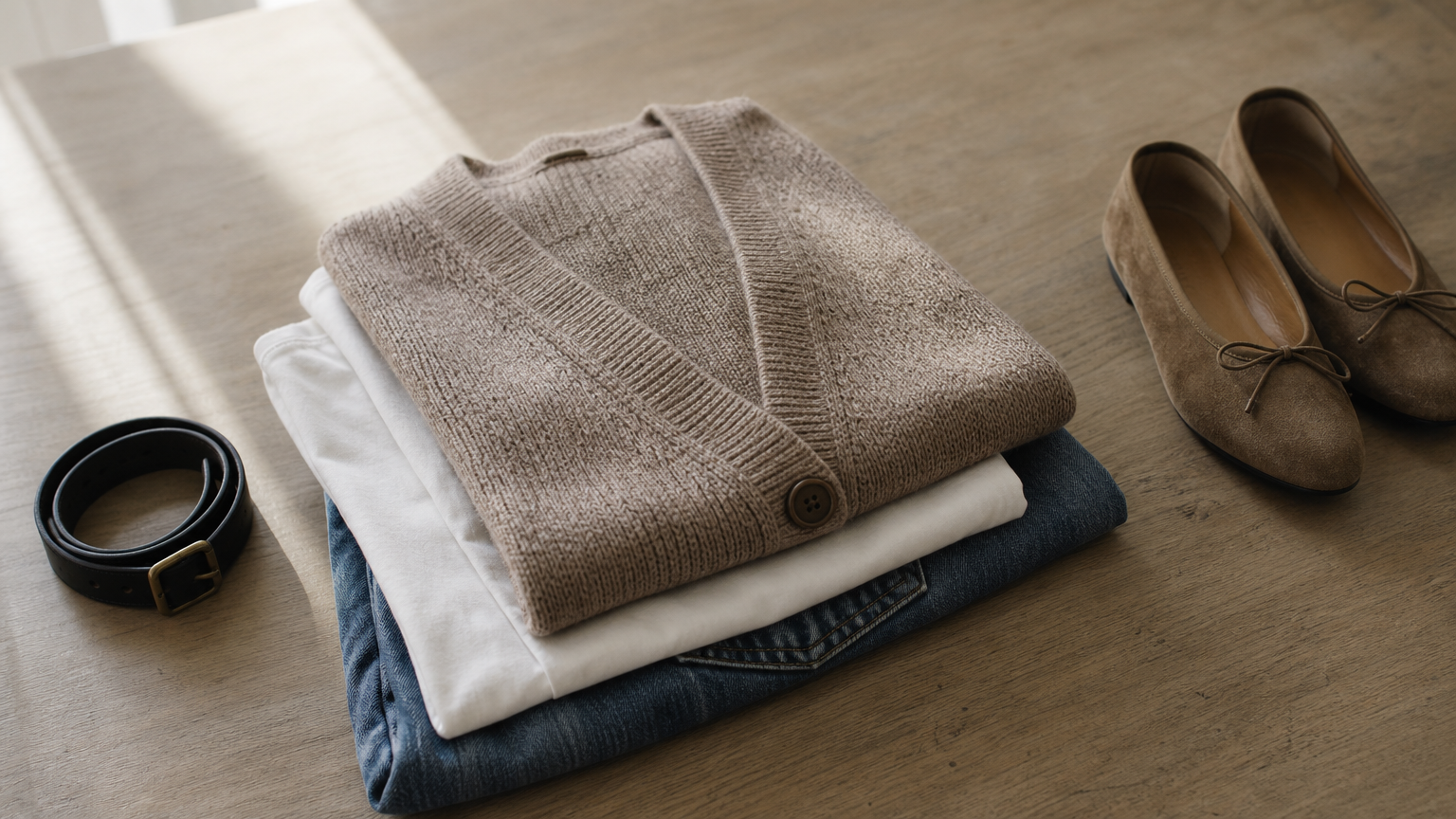 A folded cardigan, plain tee and jeans with a coiled belt and flats, laid out as a travel capsule.