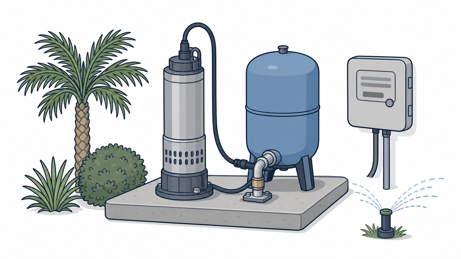 A pump motor and pressure tank on a concrete pad next to a sprinkler controller box in a yard.
