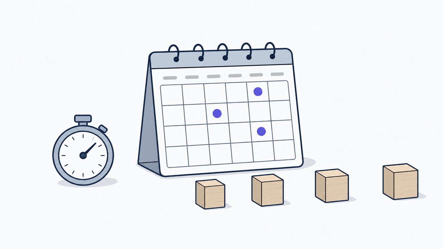 Four blocks stand in a row with growing gaps between them, next to a stopwatch and a calendar.