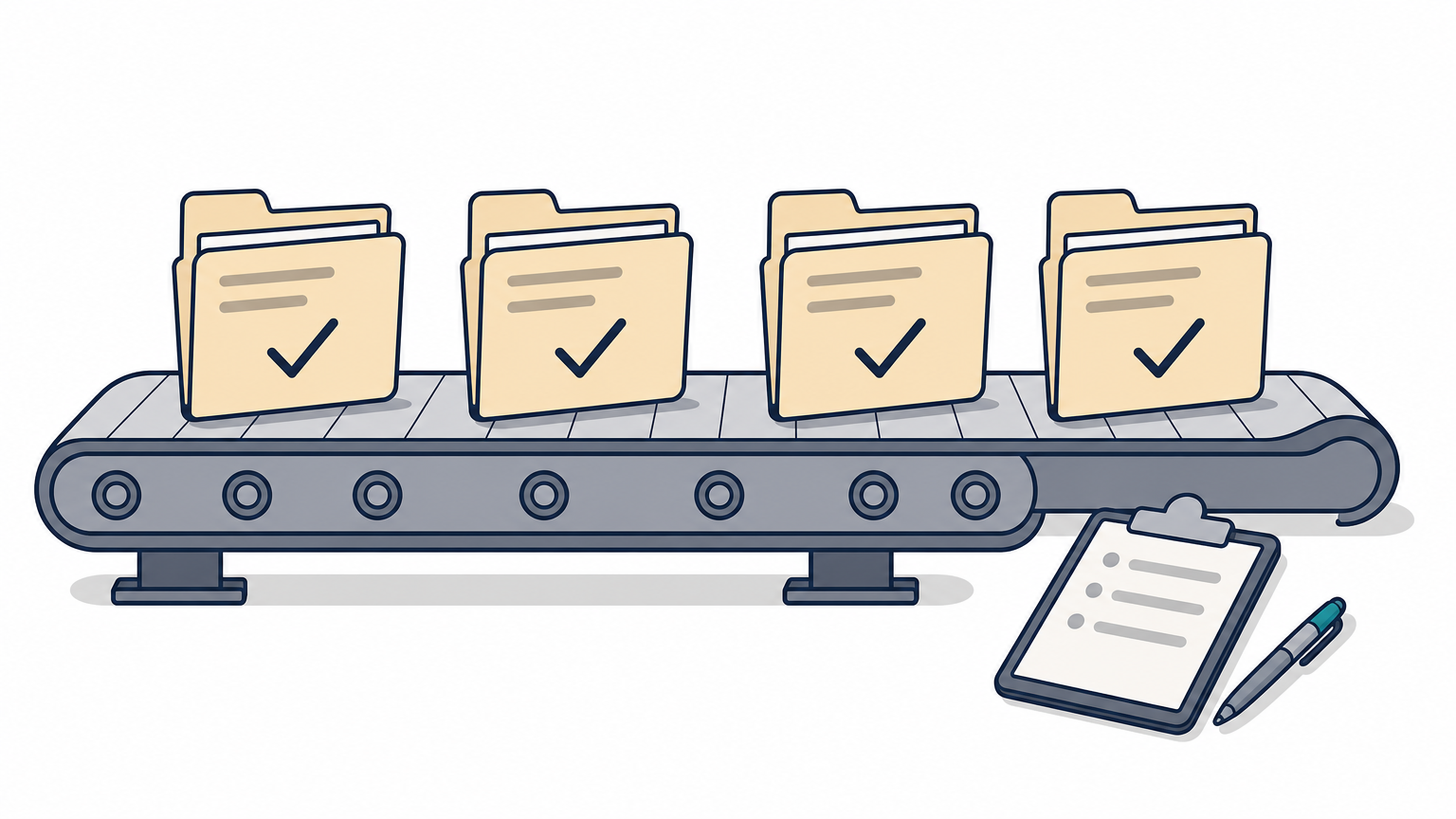 Manila claim folders travel along a conveyor belt, each one marked with a check at the end.