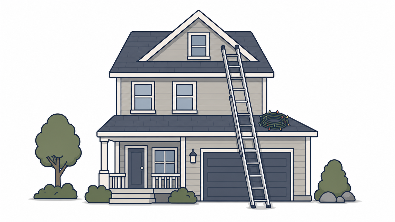 A two-story house with a steep dormer and a tall ladder leaning against the gable, with a coil of light strand nearby.