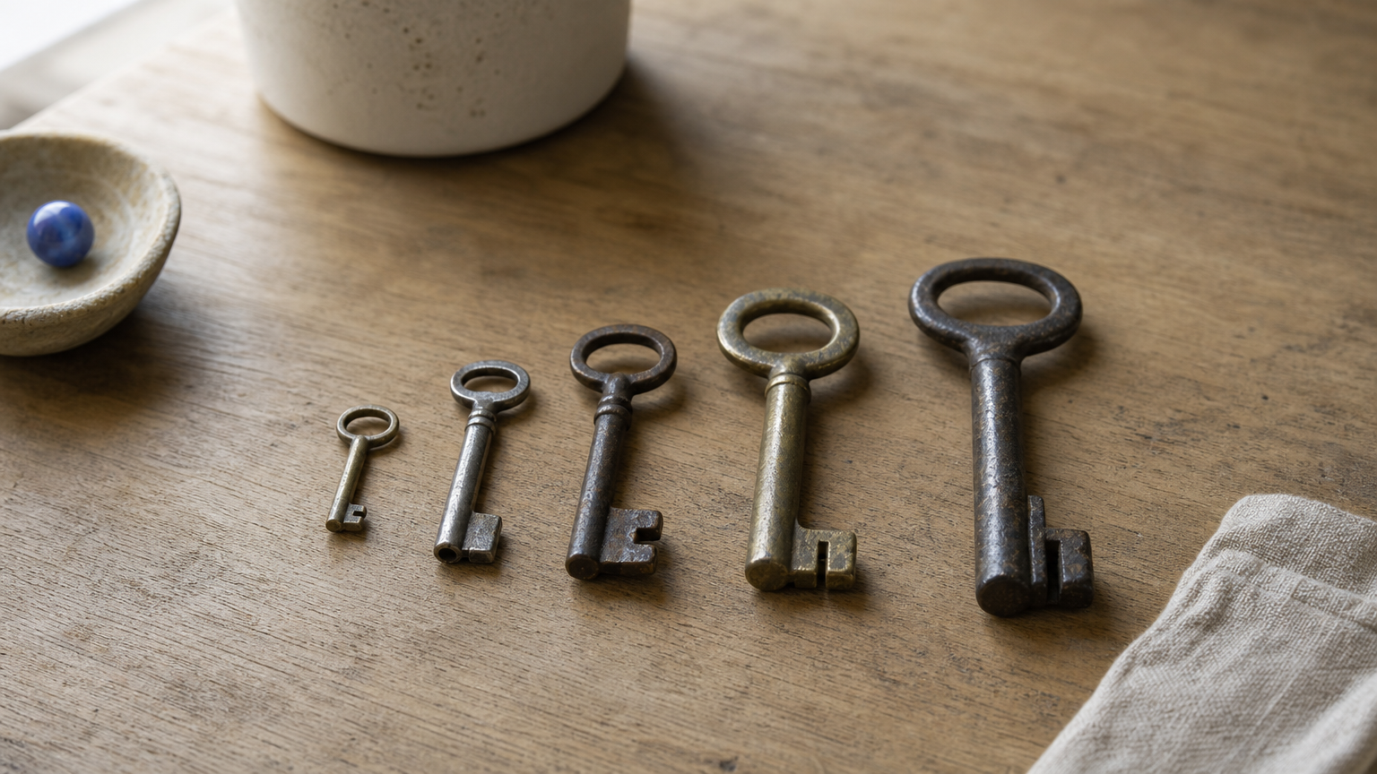 Five keys of increasing size laid in a line on a wooden table.