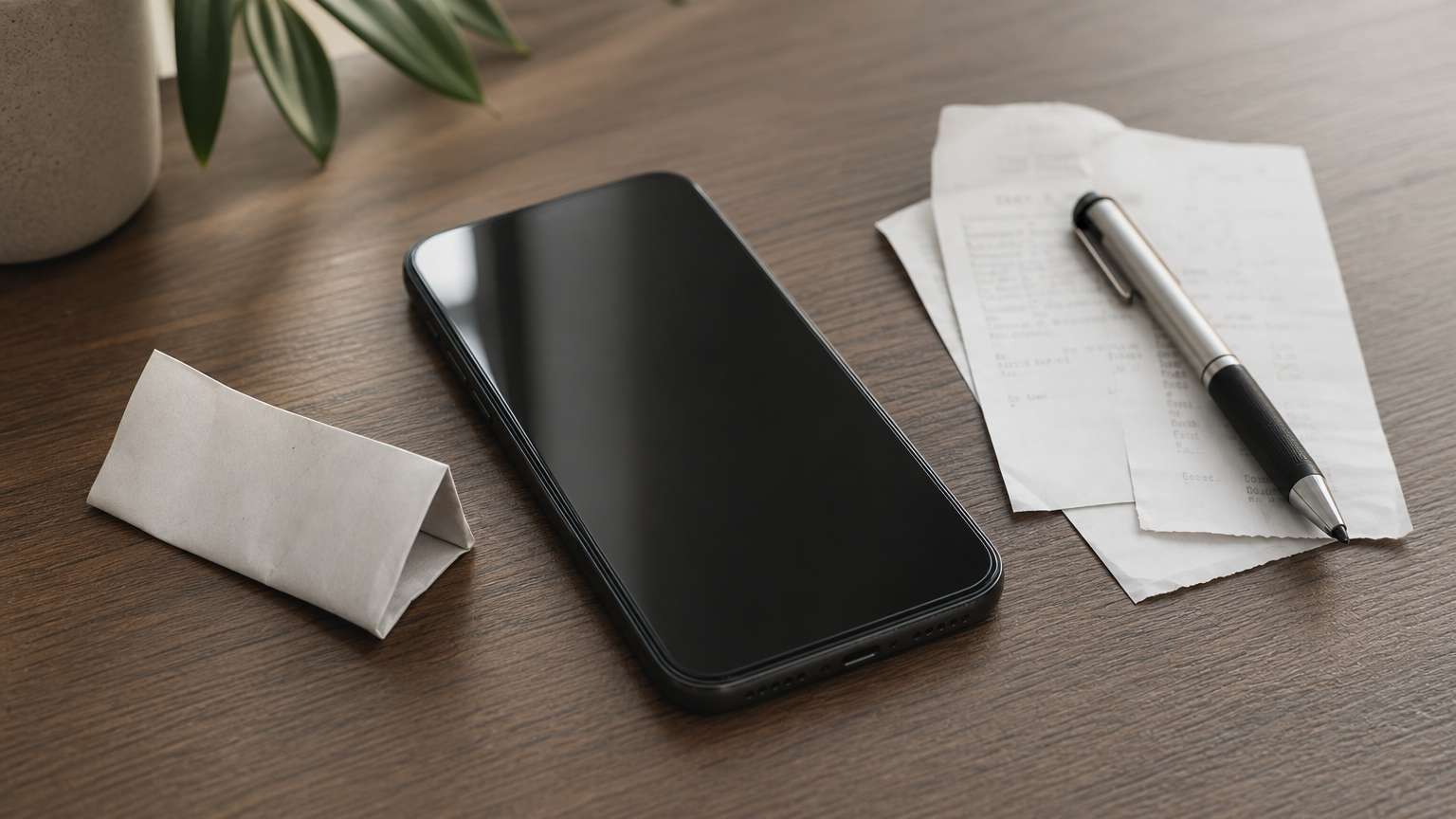 A smartphone on a desk next to paper payment receipts and a pen.