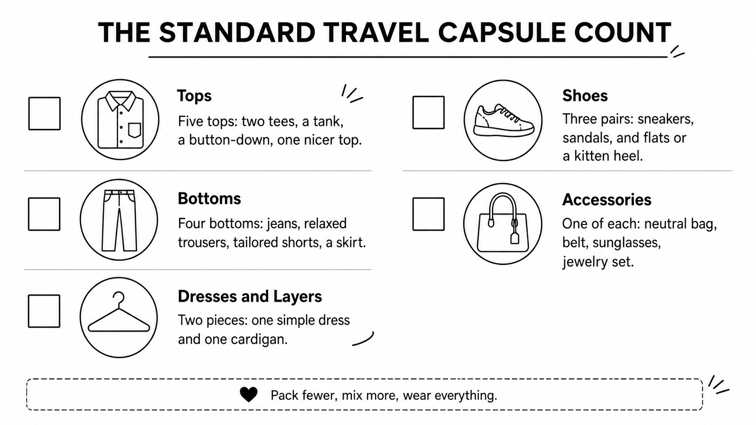 Checklist infographic in two columns listing the standard capsule's tops, bottoms, dresses, shoes and accessories.