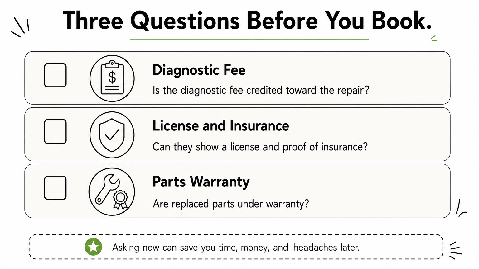 A three-item checklist of questions to ask an irrigation specialist before booking a repair.