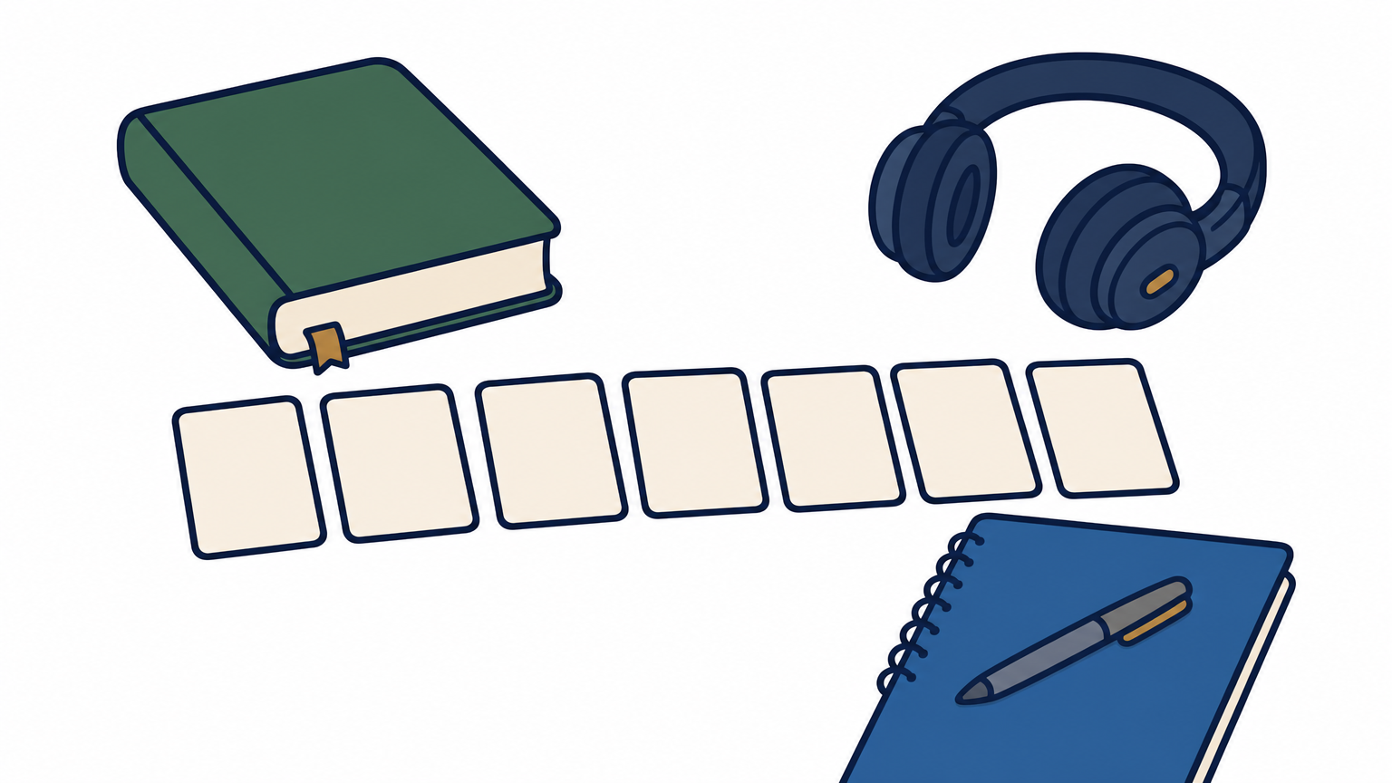 Seven paper cards in a row beside a closed Quran, headphones and a notebook.