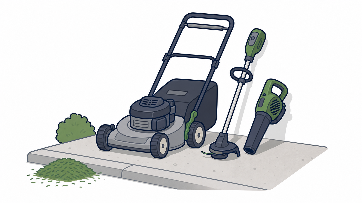 A push mower, string trimmer, and leaf blower rest on a driveway beside a small pile of grass clippings.