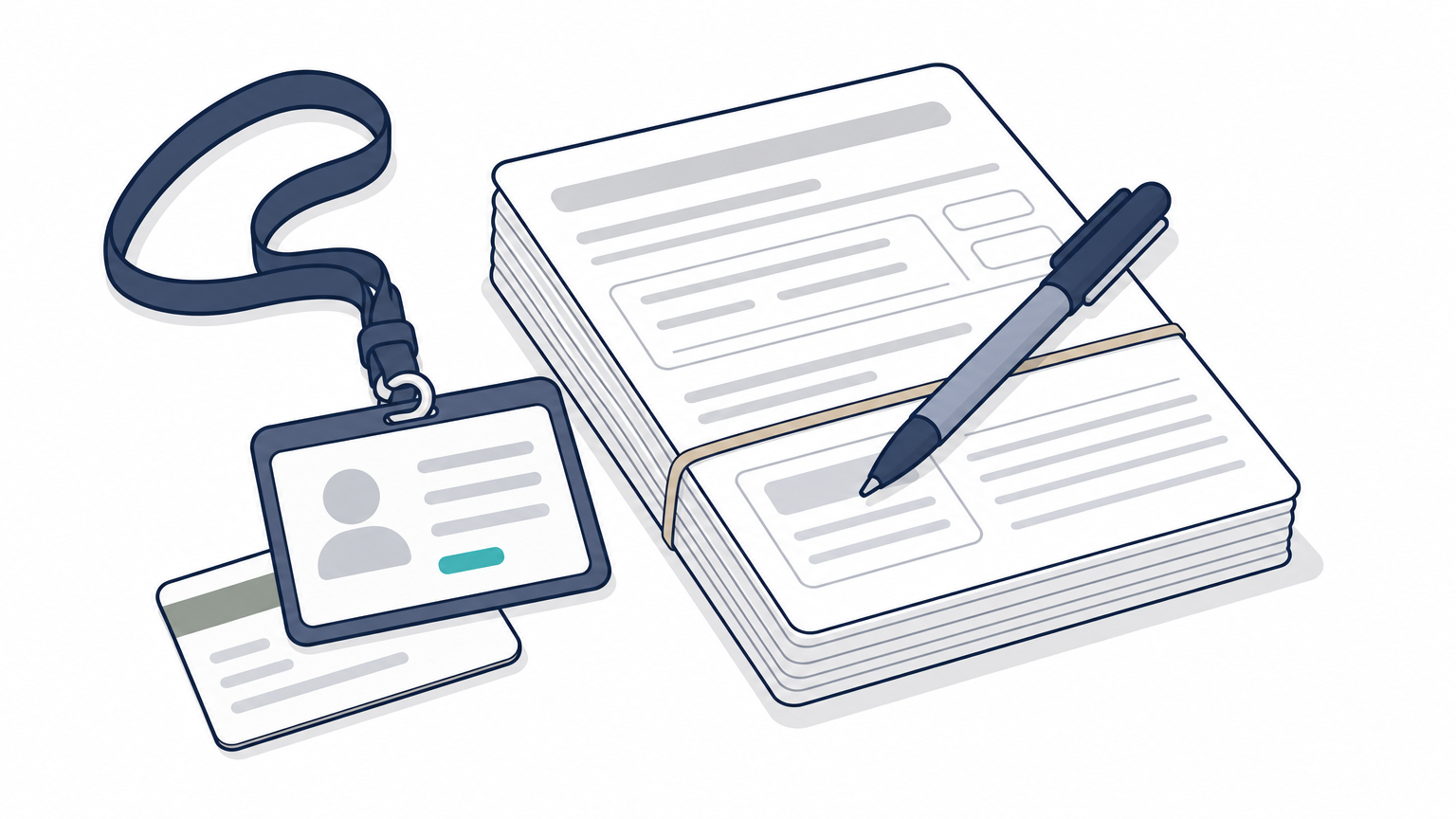 A provider badge rests on an insurance card beside a stack of enrollment forms and a pen.