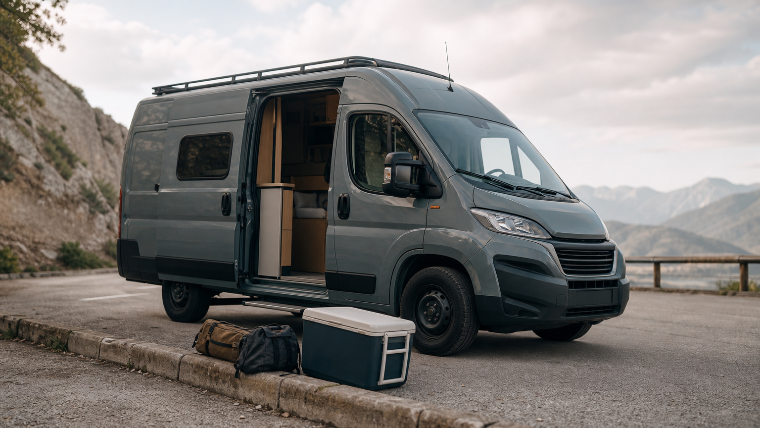 A Grand Cabin van parked at a roadside stop with its side door open and travel bags beside it.