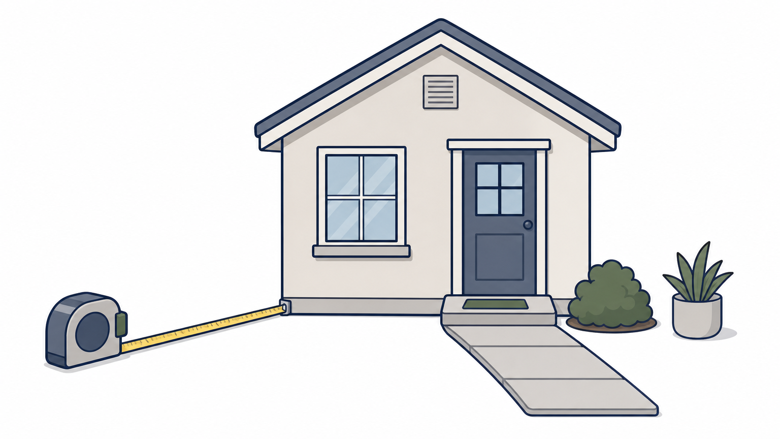 A tape measure stretched along the ground beside a front walk, leading to the base of a house with a gabled roof.
