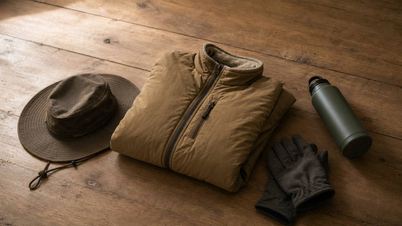 A warm jacket, wide-brim hat, gloves, and water bottle arranged together for a safari trip.