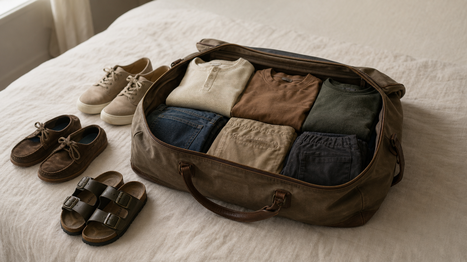 An open personal item bag holding three folded tops, three bottoms and three pairs of shoes.