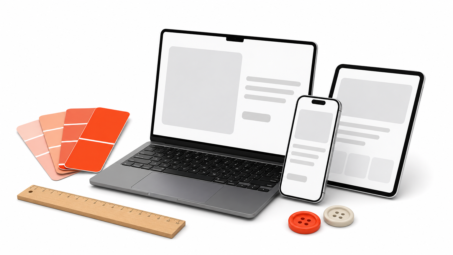 Paint chip cards, a wooden ruler, and rounded buttons are arranged on a tabletop.