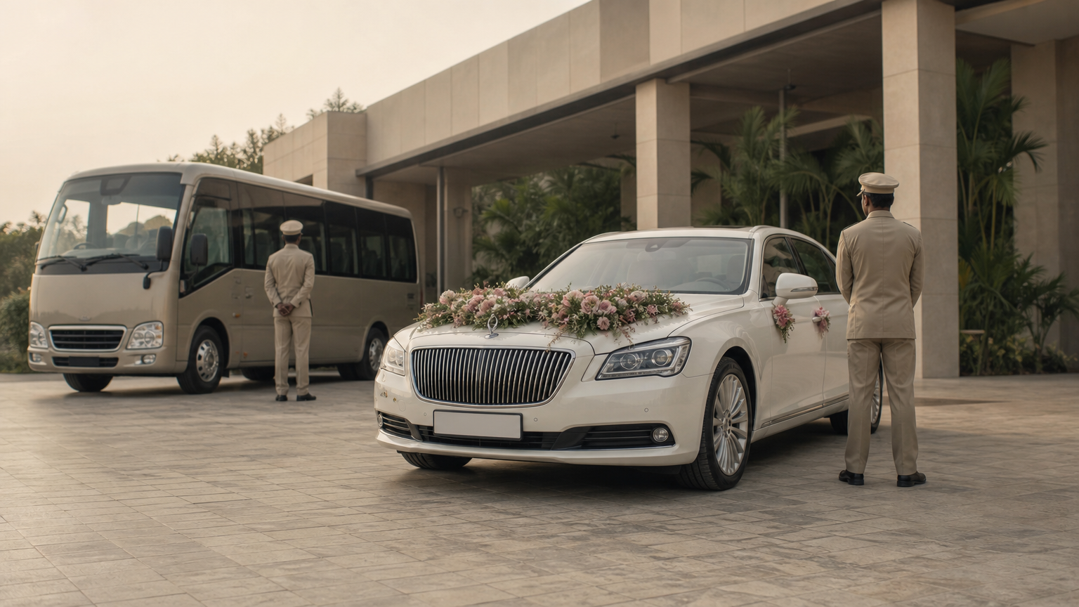 A bridal car parked in front of a 25-seater coaster at a venue entrance, with a driver beside each vehicle.