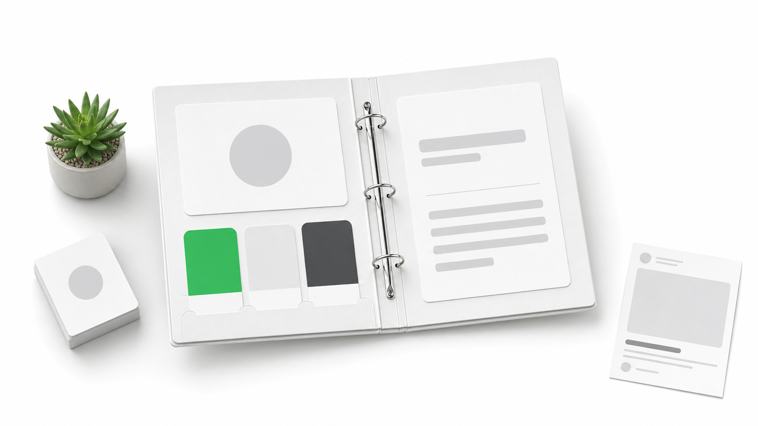 A brand binder with a logo card, color swatches, and font samples beside a printed social post.