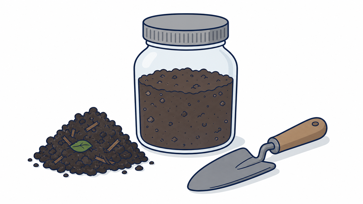 A jar of soil sits beside a mound of dark compost and a hand trowel on a wooden table.