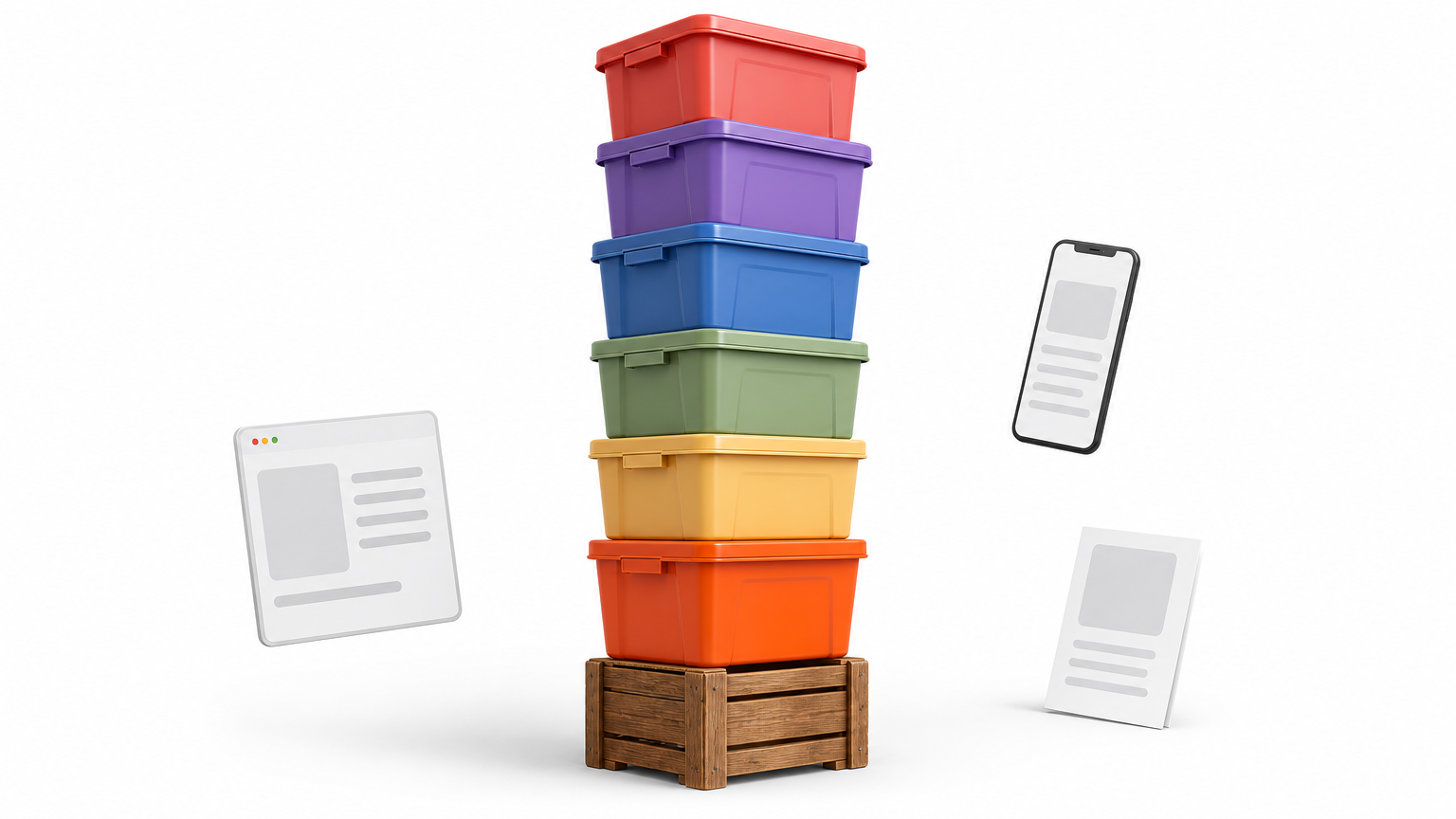 A tall tower of plastic boxes leans slightly on top of a small wooden crate.