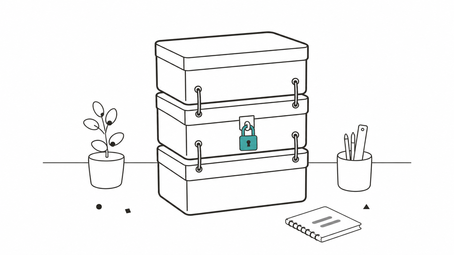 Three stacked boxes joined by cords, with a padlock hanging from the middle box.