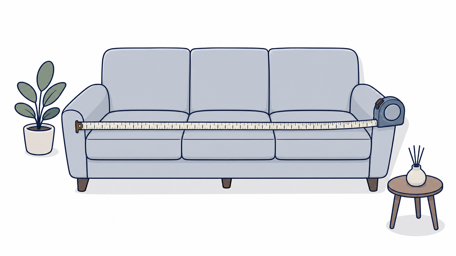 A tape measure stretched across the front of a three-seat sofa from one arm to the other.