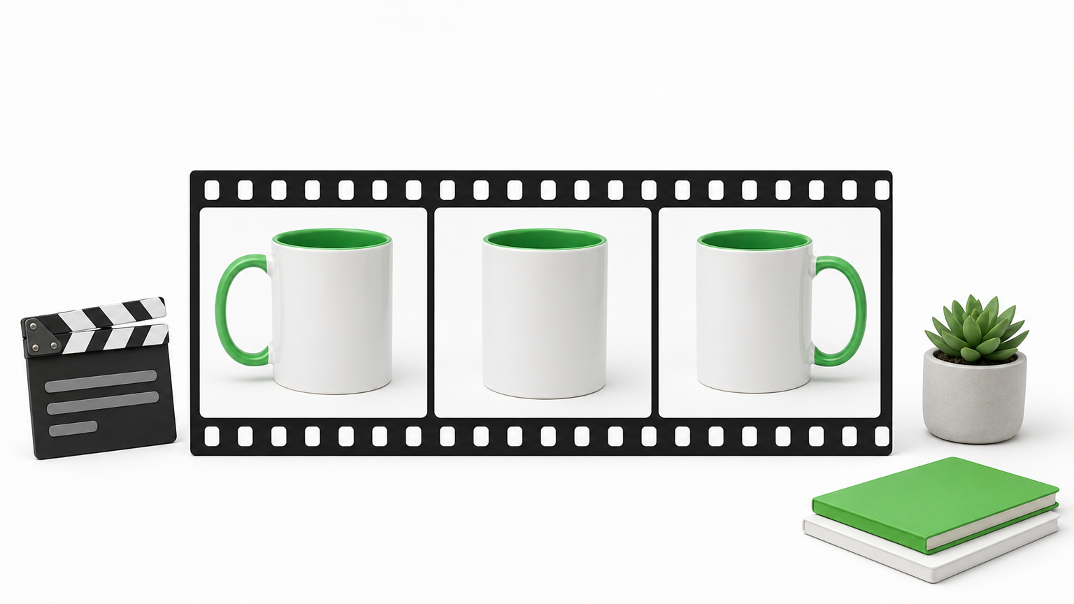 Three film frames show the same ceramic mug from different angles beside a clapperboard.