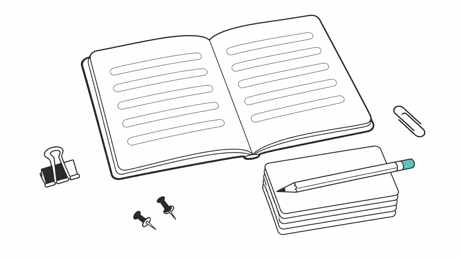 An open notebook beside a stack of index cards with a pencil resting on top.