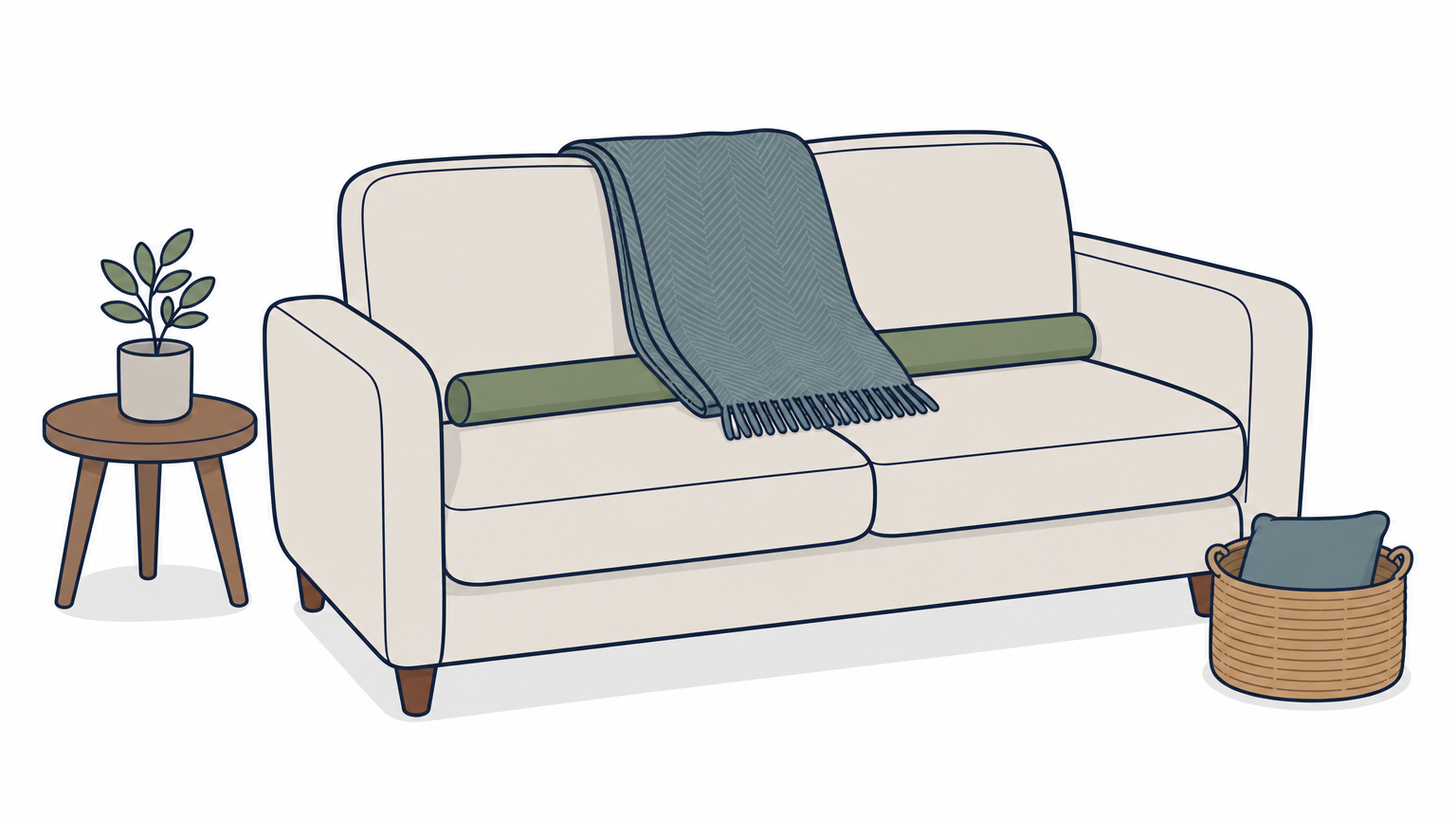 A foam pool noodle pushed into the crease between a sofa seat and back, holding a throw in place.
