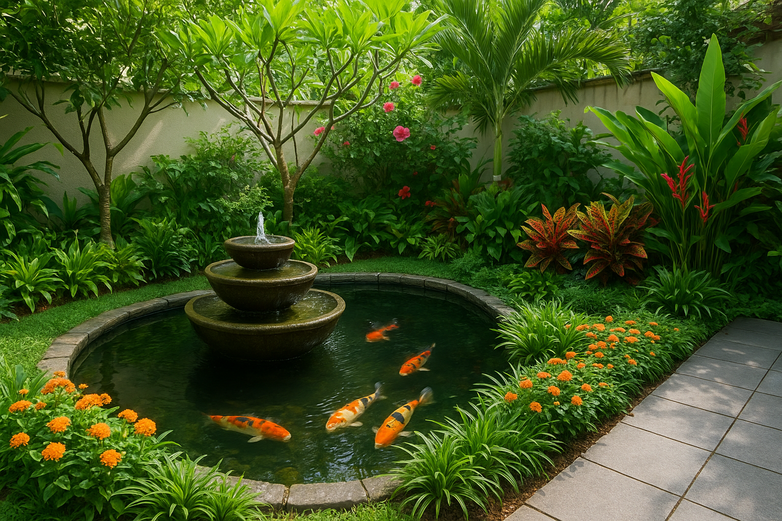Add a koi pond or fountain as a focal point