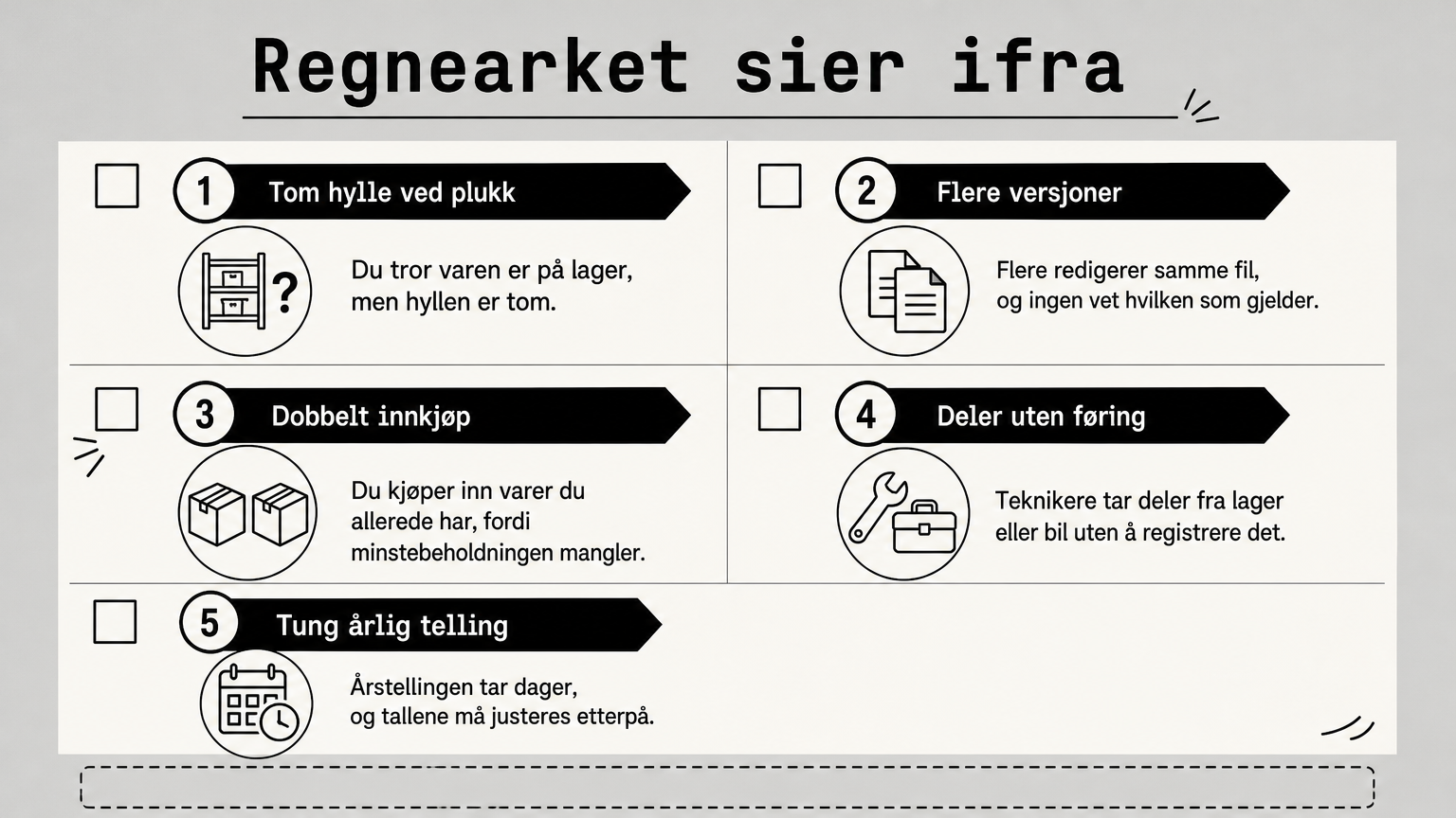 Fem små ruter viser vanlige tegn på at et regneark for lager ikke strekker til.
