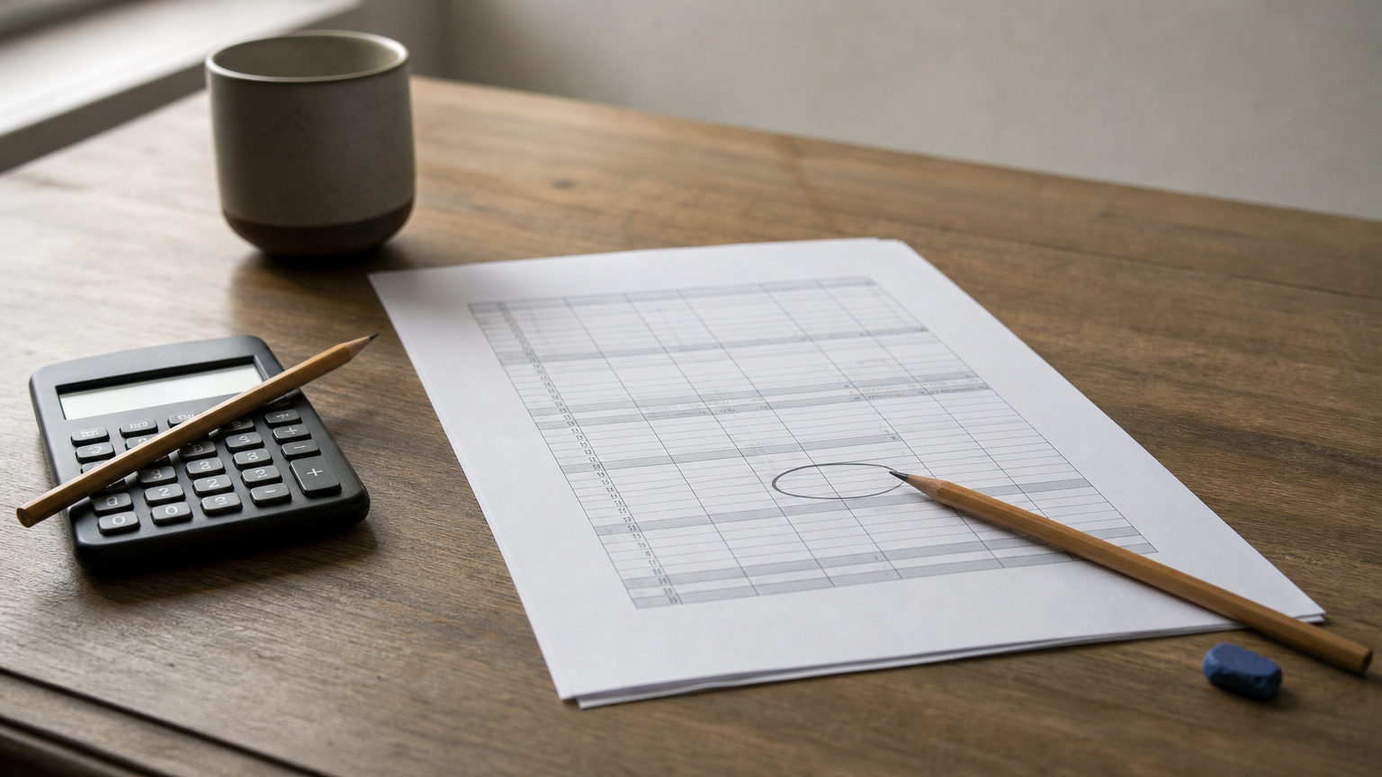 A printed spreadsheet with one cell ringed by a pencil, next to a pocket calculator and a second pencil.