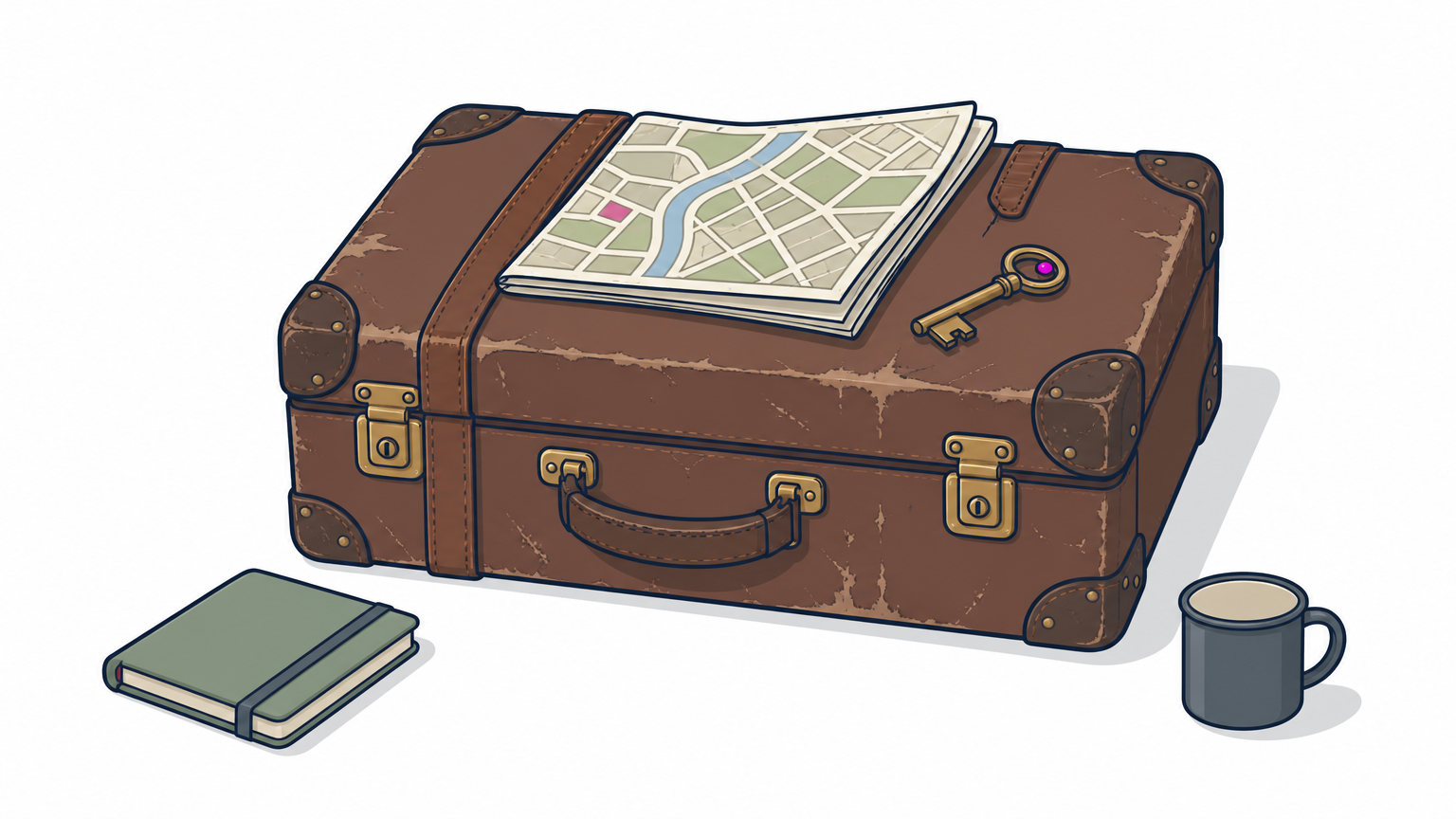 A worn leather suitcase on a station platform with a folded paper map and a brass key on its lid.
