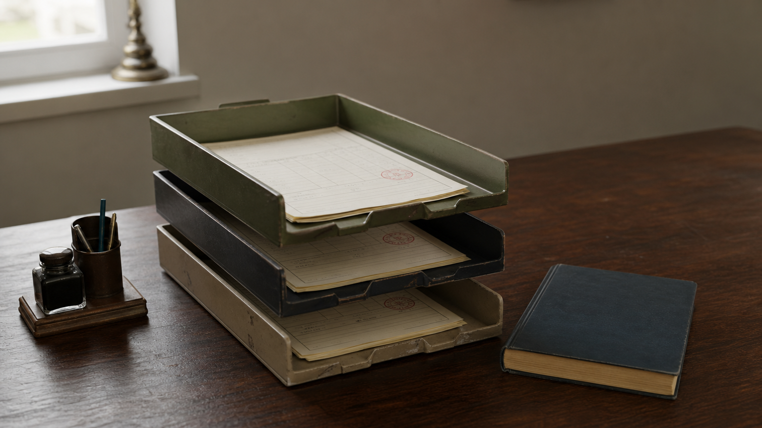 Three separate order forms with the same number sit in different trays beside one ledger book.