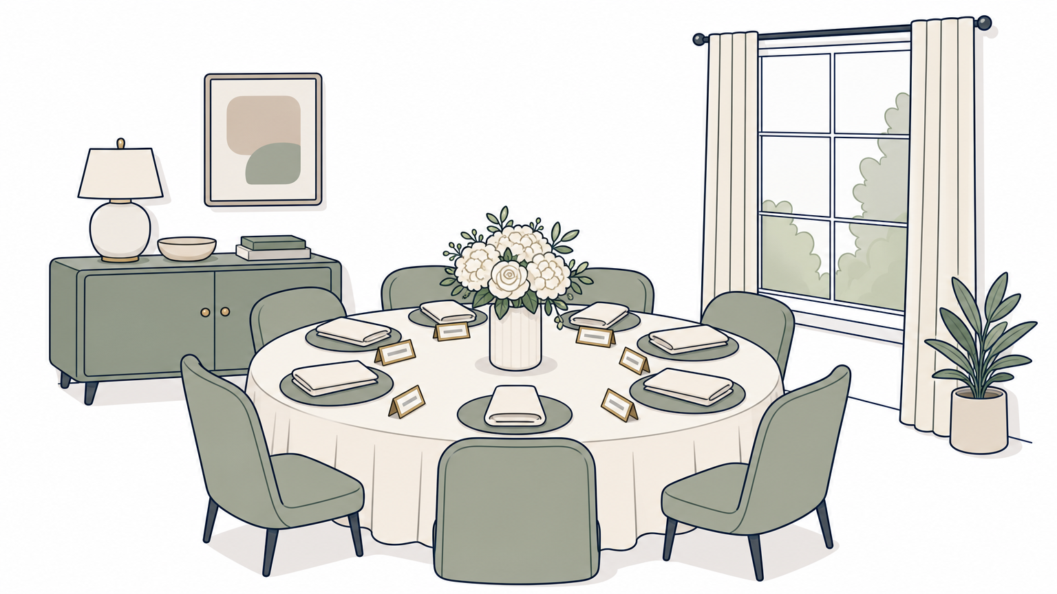 A small round dinner table set for six with a white floral centerpiece, a folded napkin and a brass place card.