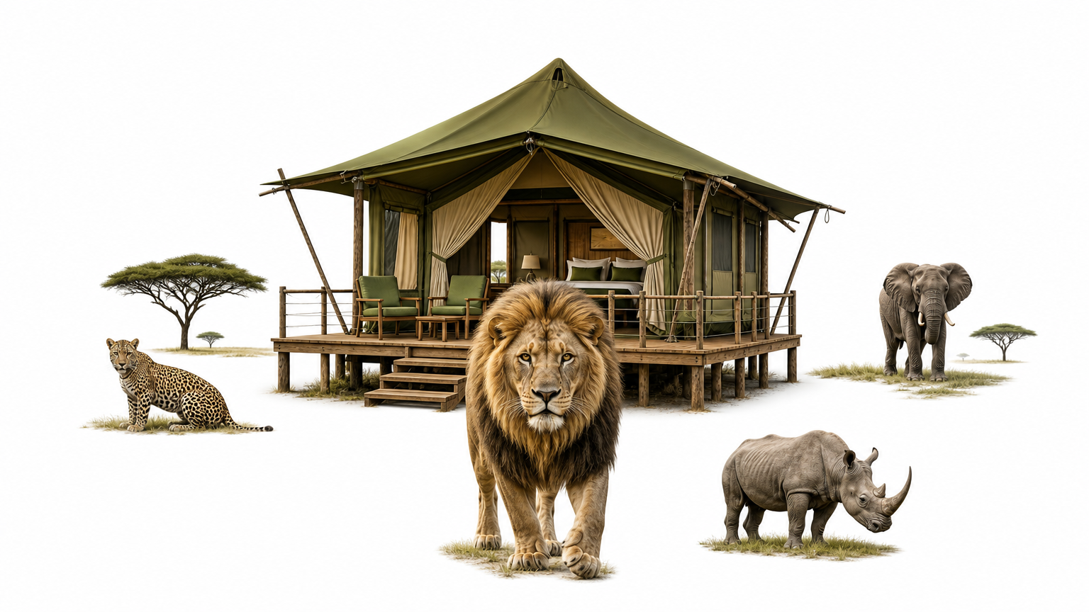 A raised canvas tent with a timber deck facing an open plain dotted with acacia trees.
