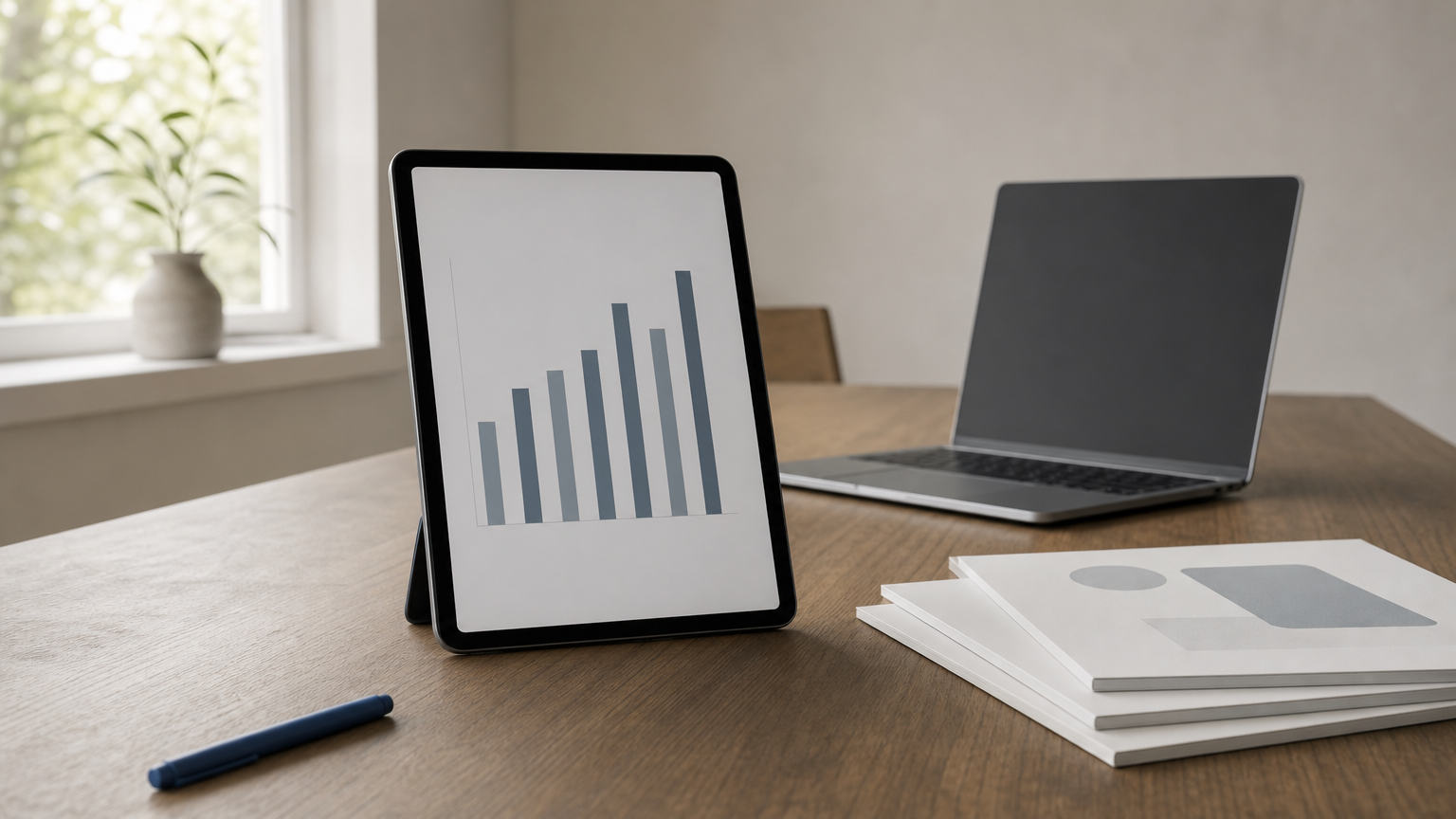 A tablet showing a bar chart sits beside a stack of printed slides and an open laptop.