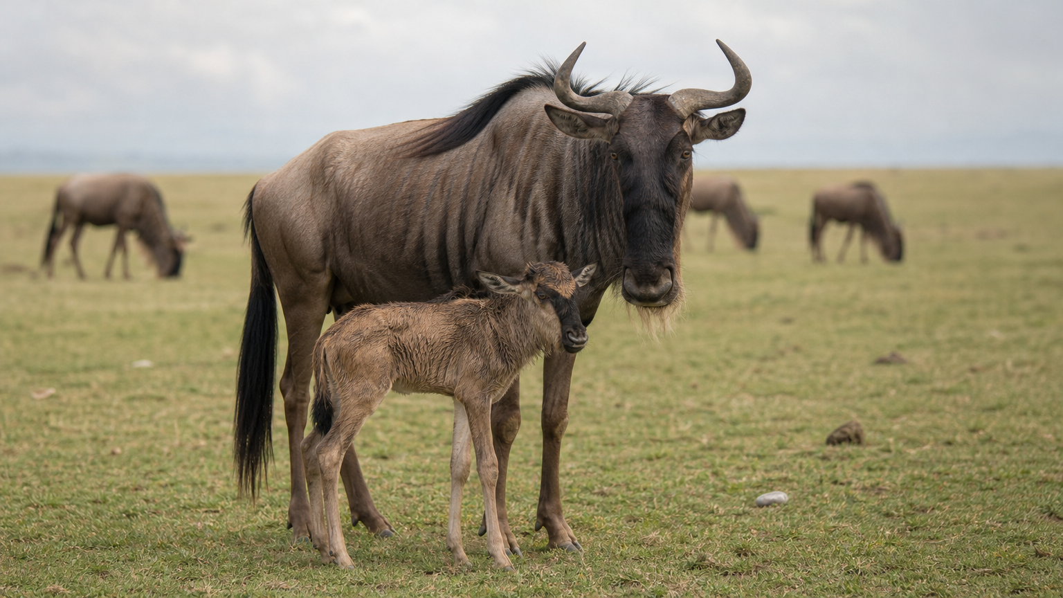 A newborn wildebeest calf stands beside its mother on a green grassy plain with herd members behind them.