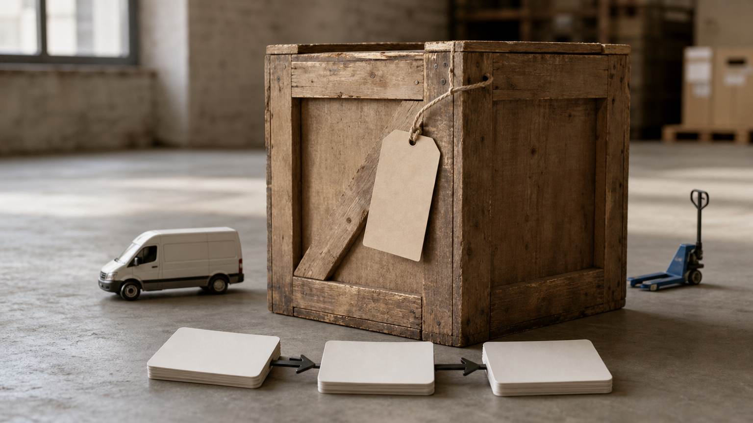 A freight crate and a row of linked cards show a job moving from quotation to booking to invoice.