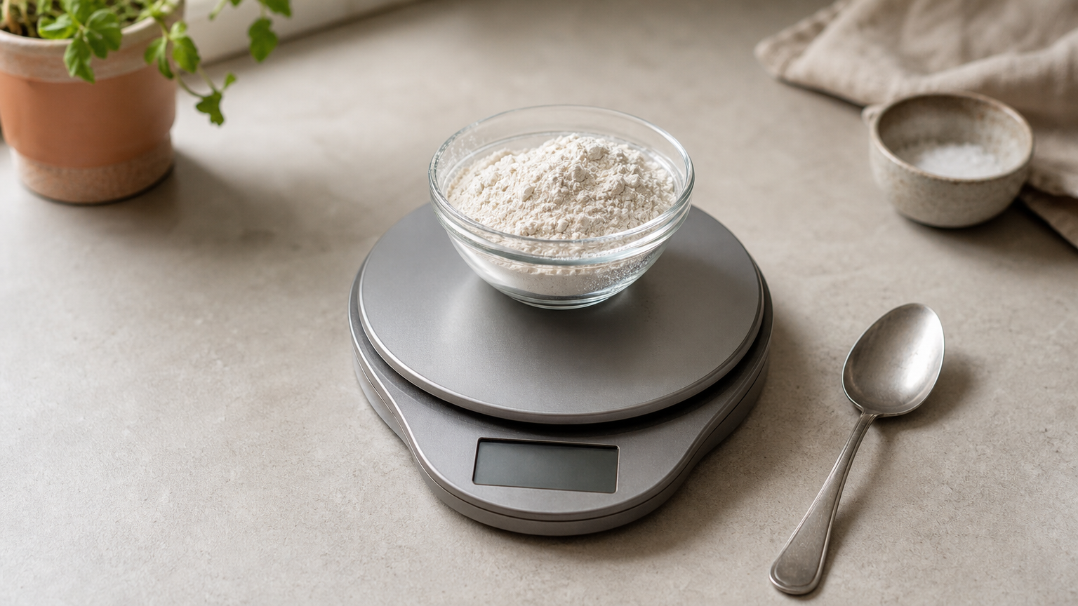 A round digital food scale on a kitchen counter holding a bowl of flour.