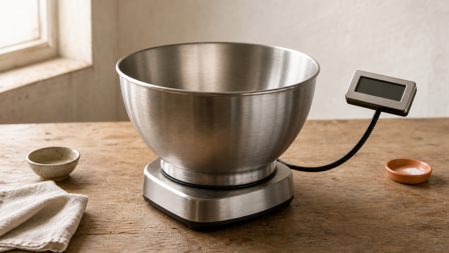A stainless steel scale holding a large mixing bowl, with its display raised clear of the rim.