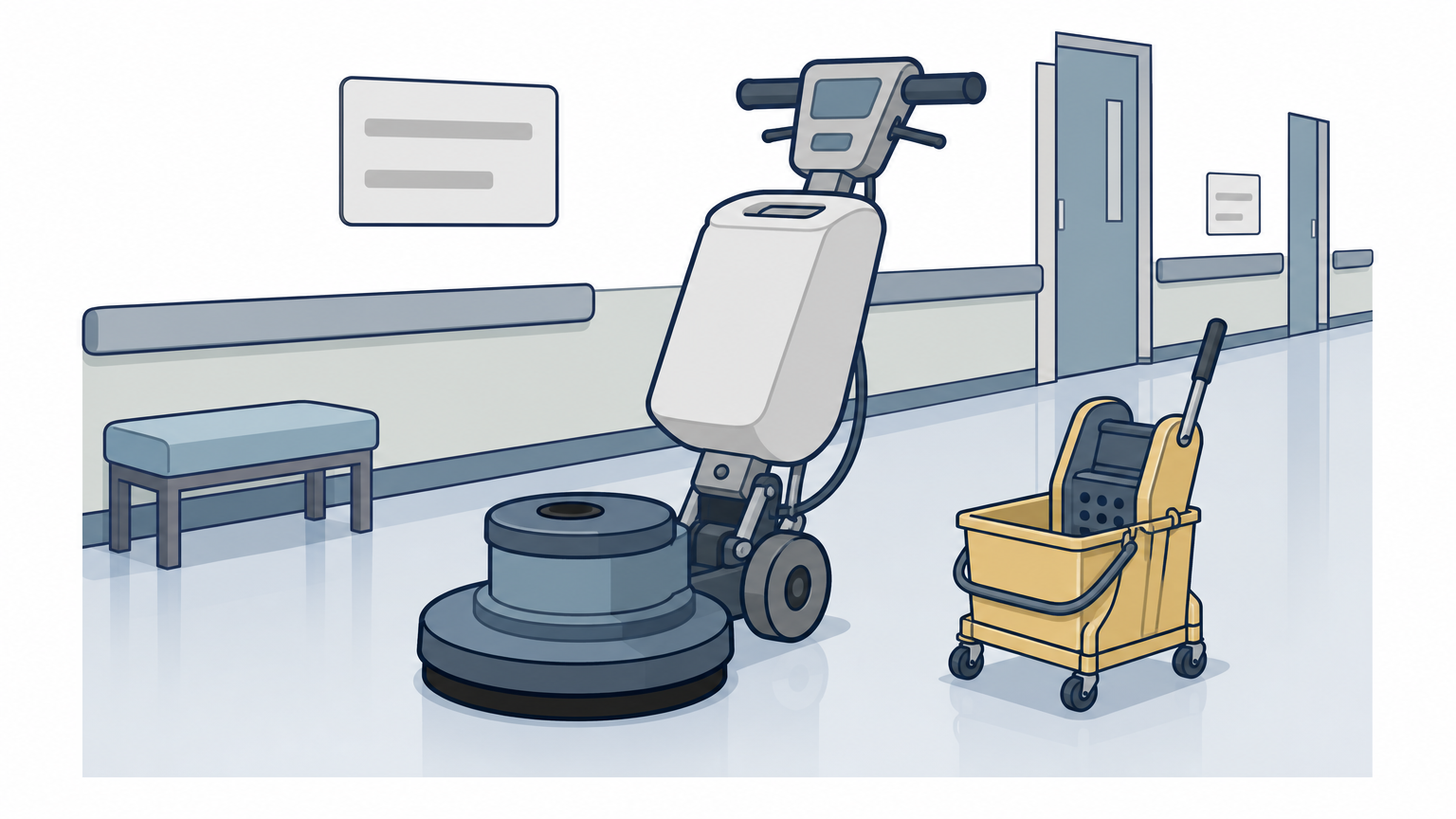 A floor buffer machine sits on a polished vinyl floor in an empty clinic hallway beside a mop bucket.