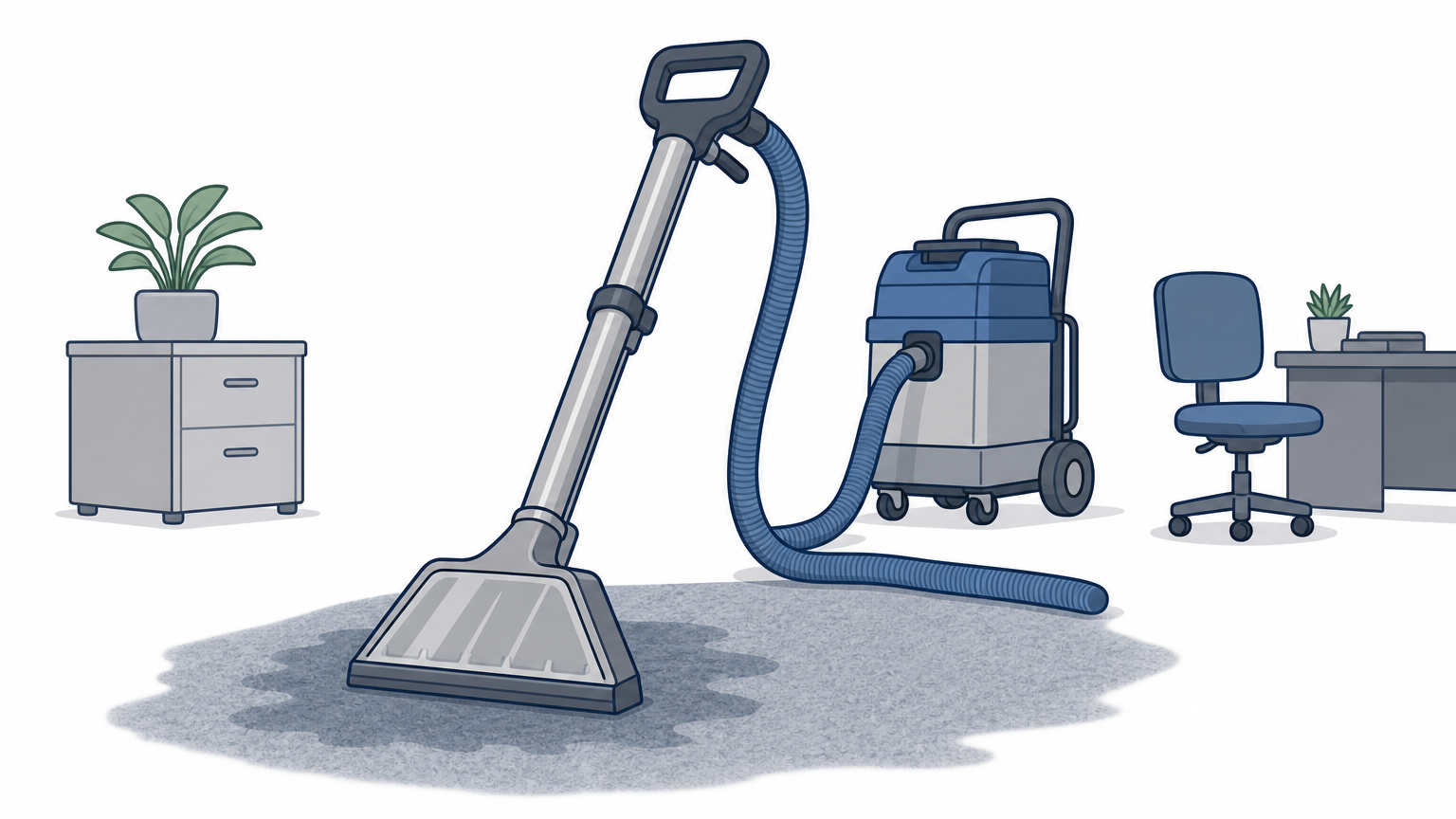 A carpet extraction wand rests on a damp office carpet with a wet vacuum hose running across the floor.