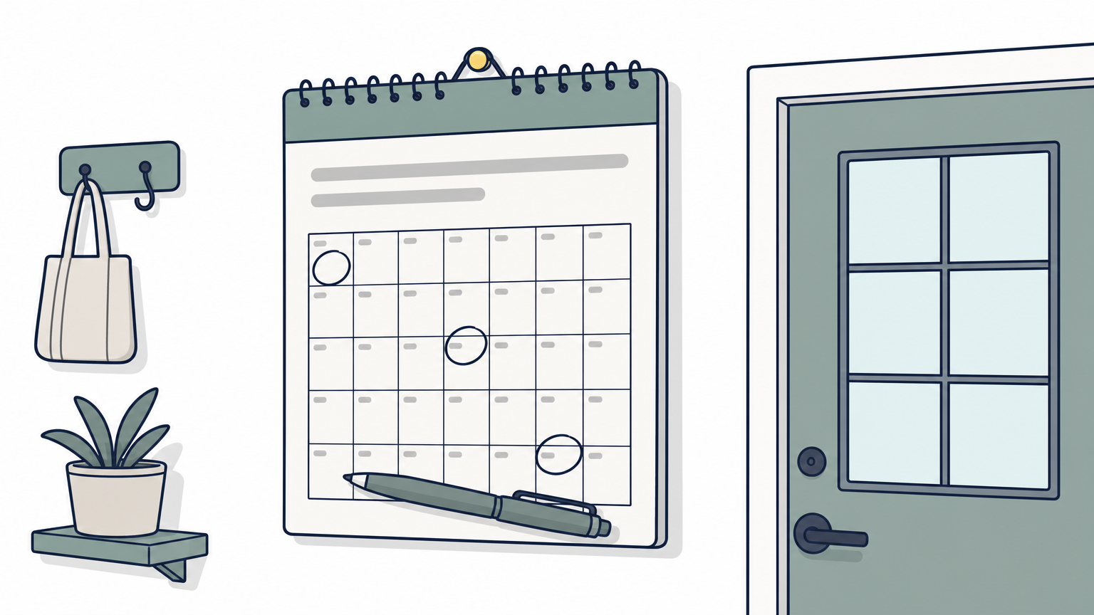 A wall calendar beside a back door, with evenly spaced circled dates and a pen resting across it.