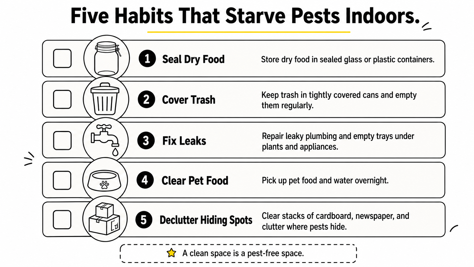A checklist of five indoor habits that reduce pests, each with a simple icon and one sentence.