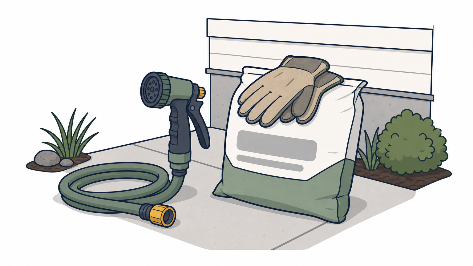A hose-end sprayer and granule bag on a walkway beside a house foundation, with work gloves on the bag.