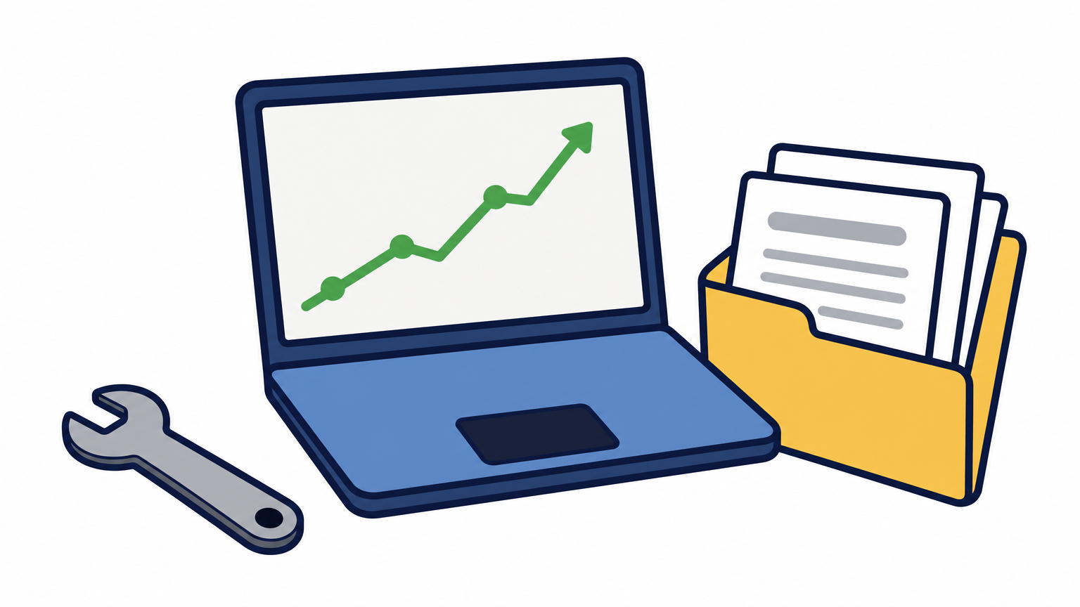A laptop showing a rising graph sits on a desk beside a folder of reports and a wrench.