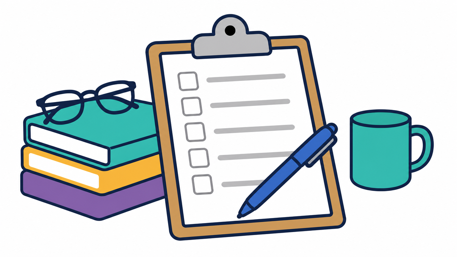 A clipboard, pen, and reading glasses rest on a desk beside a stack of report folders.