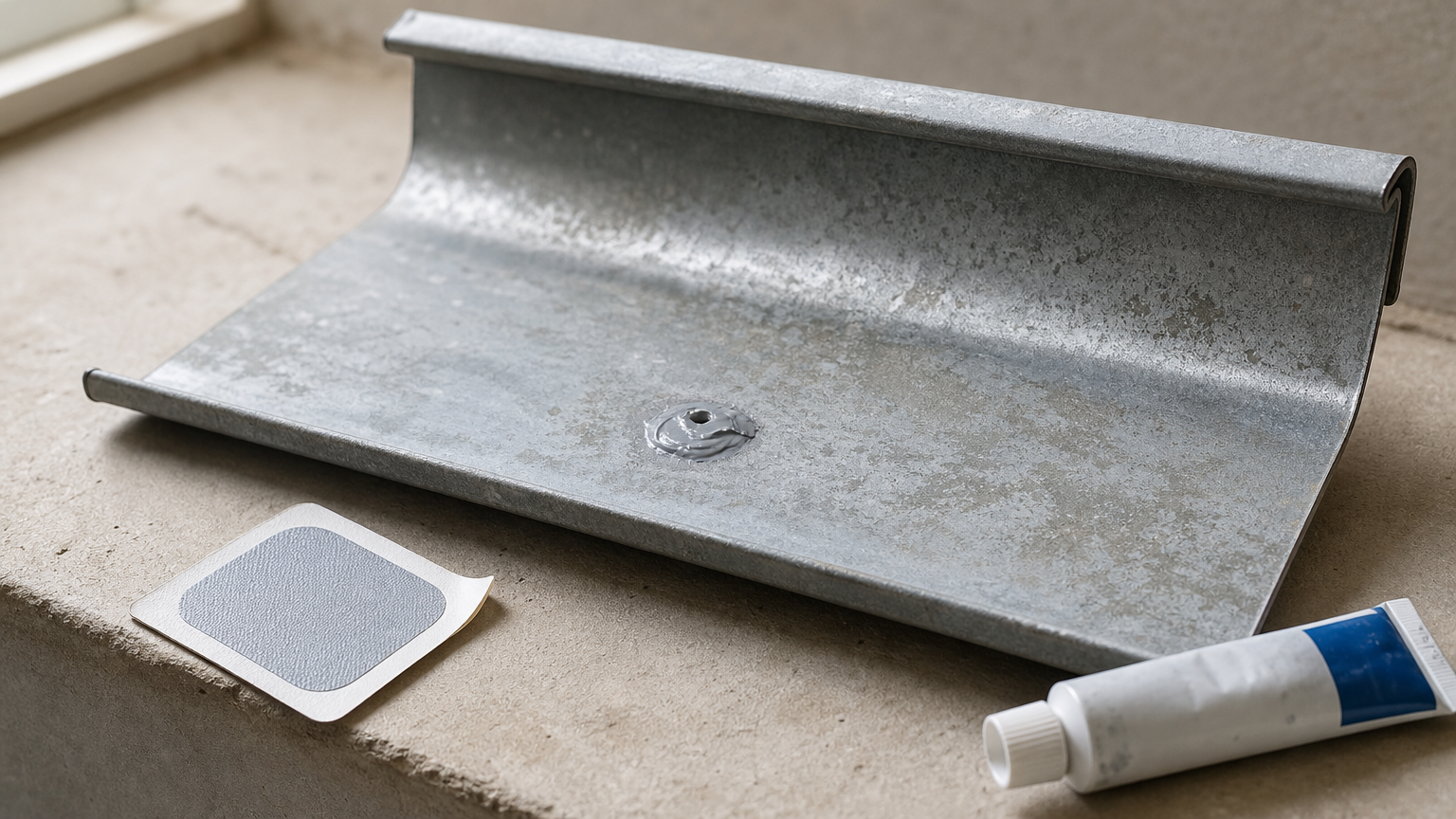 Close-up of a pinhole in a gutter pan, sealed with a dab of sealant beside a peel-and-stick patch.